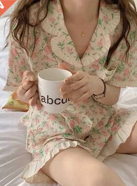 Pajama Sets Turn-down Collar Short Sleeve Women Summer Flora