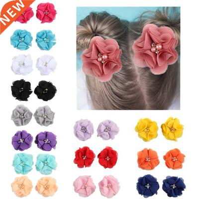 1Pair Kids Girls Mini Chiffon Flowers with Pearl Rhinestone