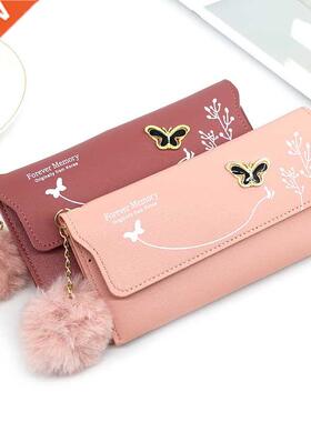 Fashionable New Women Long Wallets Pure Color Wool Ball Bow
