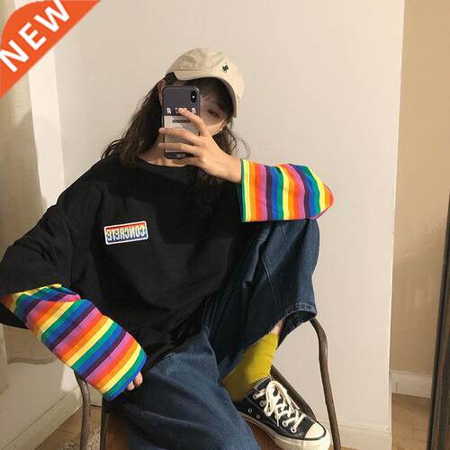 Y2k rainbow stripe fake two-piece goth long-sleeved Kawaii t