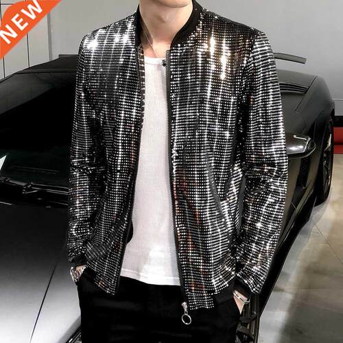 2020New Sequined Bomber Jacket Men iny Sequins Long Sleeve