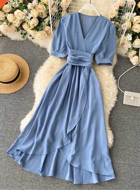 Women Summer Midi French Dress 2021 Sweet V-Neck Puff Sleeve