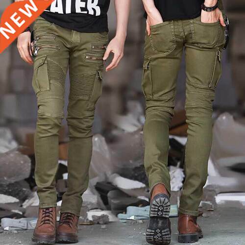 Green Black Denim Biker jeans Mens Skinny Runway Disressed