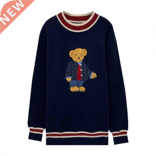 Women Japan Spring Fall Cartoon Bear Embroidery Pullovers Kn