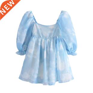 YENKYE Summer Women Blooming Sky Color Organza Princess Dres