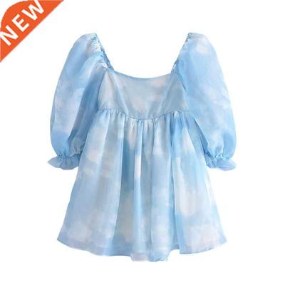 YENKYE Summer Women Blooming Sky Color Organza Princess Dres