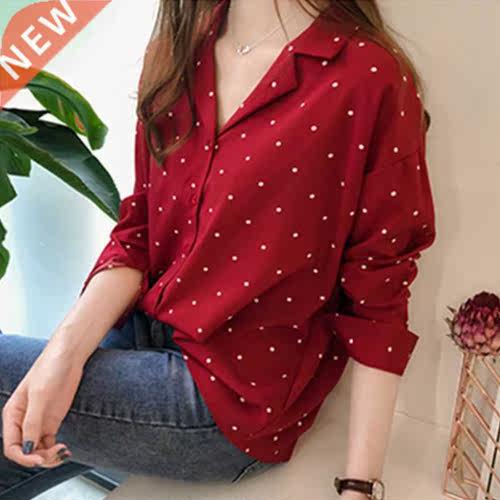 Casual Chiffon Polka Dots Shirt Women Top Casual V-Neck Long