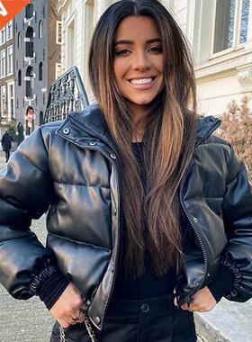 CP Winter Thick Warm Short Parkas Women Fashion Black PU Lea