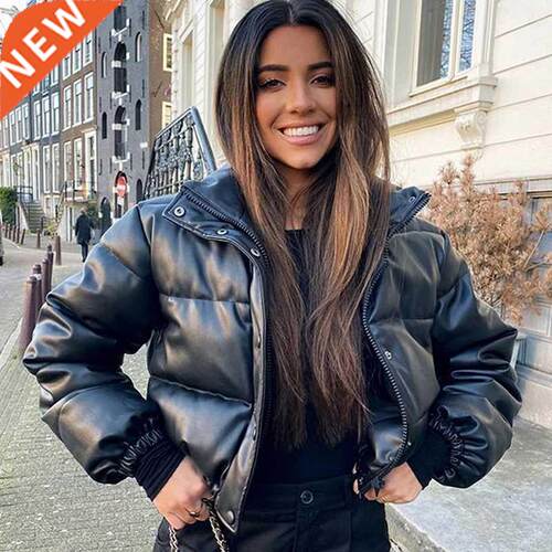 CP Winter Thick Warm Short Parkas Women Fashion Black PU Lea