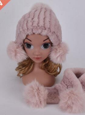 Children Knitted Hat Rex rabbit fur Ball Pompoms Autumn Wint