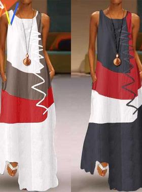 Vintage Maxi Dress Women's Summer Sundress Casual Sleeveless