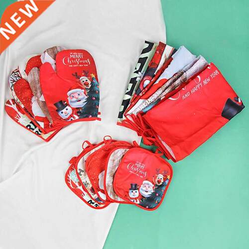 3pcs Christmas Apron Gloves Pads Set Merry Xmas Heat