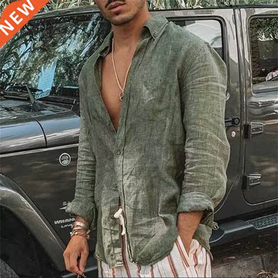 2022 New Casual Cotton Linen Shirts Standing Clar Male S