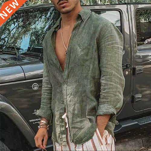 2022 New Casual Cotton Linen Shirts Standing Clar Male S