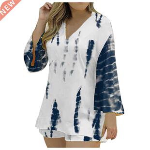 Women Tie Dye T-shirt Shorts Homewear Two Pieces Suit Set Ho