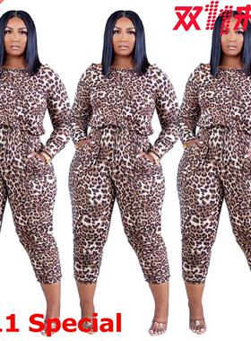 S-xxxl leoprd print jumpsuit for women大码斜肩豹纹女连体裤