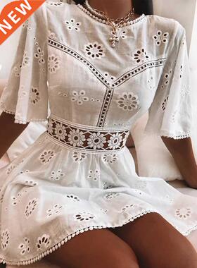 Aproms Elegant White Floral Embroidery Cotton Dress Women Ca