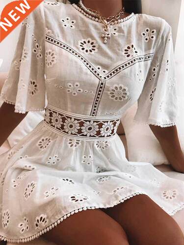 Aproms Elegant White Floral Embroidery Cotton Dress Women Ca