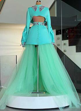 Elegant Two Pieces Prom Party Dresses Crystals Long Puffy