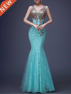 Lace Evening Dress Mermaid Sleeveless Tulle Formal Dress Dou