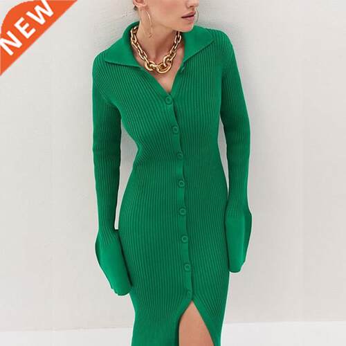 Women Maxi Knitted Sweater Dress Faion Lady Elegant Turn D