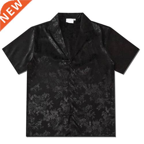 Harajuku Men Shirts Black Flower Print Short Sleeve Single B
