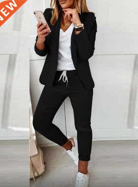 Plaid Print Blazer Coat & Drawstring Pants Set 2021 Autu