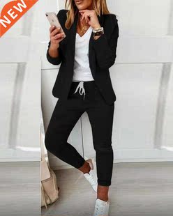 Plaid Print Blazer Coat & Drawstring Pants Set 2021 Autu