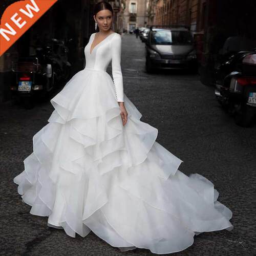 Sevintage Romantic V-Neck Long Sleeve Beach Wedding Dress Ru