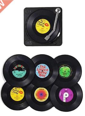 6PCS CD Drink Coaster Set With Record Player Holder M1
