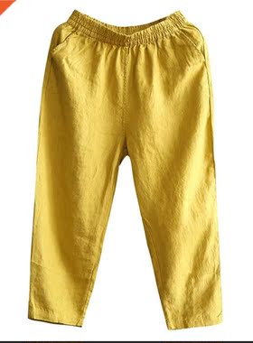 M-4XL Womens Spring Summer Pants Cotton Linen Solid Elastic