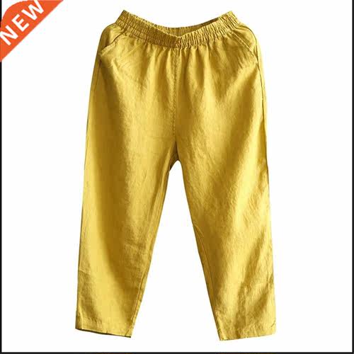 M-4XL Womens Spring Summer Pants Cotton Linen Solid Elastic
