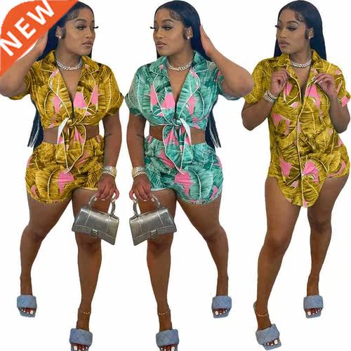 Leaves Print Two Piece Set Women Short Sleeve Button Shirts