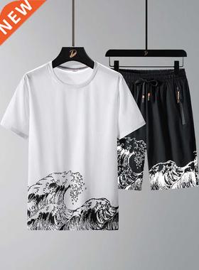 Plus Size Men's Summer 2 Piece Sets T-irts+orts Wave Pat