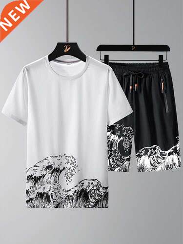 Plus Size Men's Summer 2 Piece Sets T-irts+orts Wave Pat