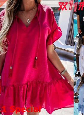 2021eBay大码速卖通新款V领短袖连衣裙Plus-size lady's dress