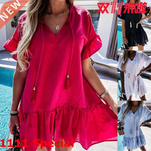 2021eBay大码速卖通新款V领短袖连衣裙Plus-size lady's dress