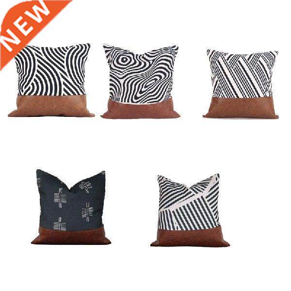 Patchwork Cotton PU Pillow Cover Cushion Case for Sofa图片