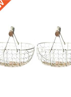 4X Wooden Handle Metal Retro Basket Portable Multi-Function