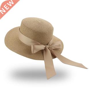 Bucket Hat Beach Summer Straw Hats for Women Flat Top Ribbon