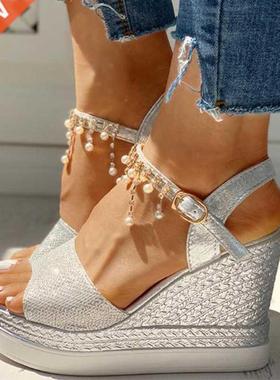 2022 New Women Wedge Sandals Summer Bead Studded Detail Plat