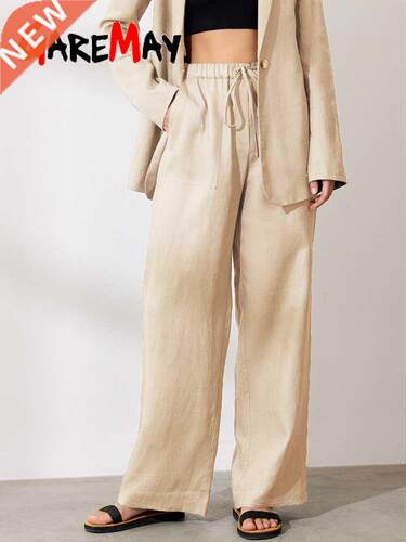 Cotton Linen ants fo Women Stacked Loose Vintage Solid Bas