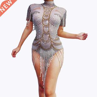 Vintage Pearls Rhinestone Party Bodysuits Stch Fringes Cryst