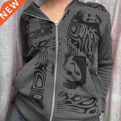 Female Sweatirts Y2K Aesthetic Gothic Grunge Zip Up Long S
