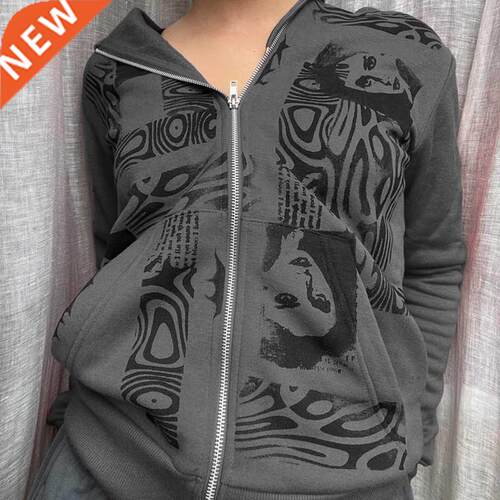 Female Sweatirts Y2K Aesthetic Gothic Grunge Zip Up Long S