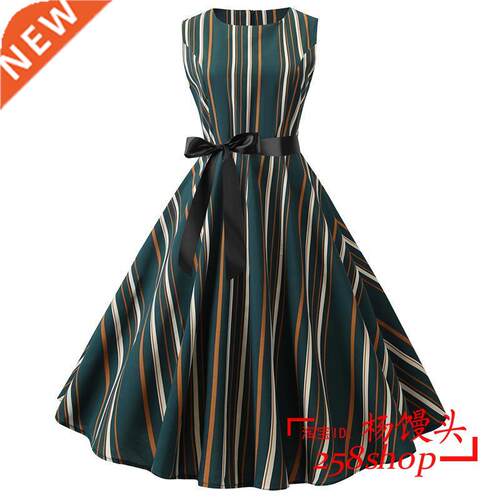 Summer Sleeveless Round Neck riped Dress for women大摆裙女