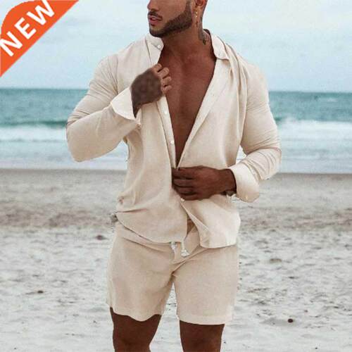 Men Hawaiian Sets Beach 2022 Summer Long Sleeve Stand Collar