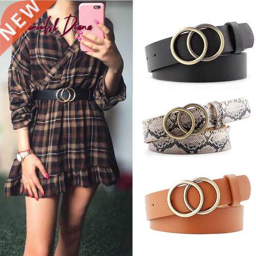 Double Ring Women Belt Fashion Waist Belt PU Leather Metal B