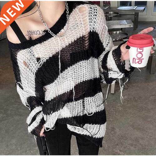 Women Drunge Style O Neck Thin Hollow Out Sweaters Striped L