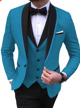 Blue Slit Mens Suits 3 Piece Black awl Lapel Casual Tuxedo